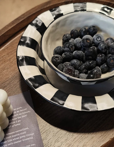 Black White Ceramic Plate | Modern Durable Striped Plate