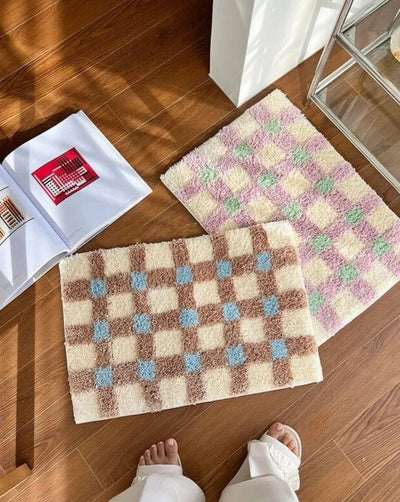 Checkerboard Bedside Rug - Pastel Area Rug Soft Cozy Carpet