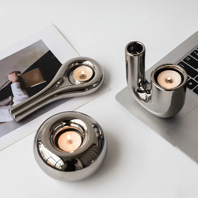 Silver Plated Candle Holder | Modern Ceramic Geometric Stand