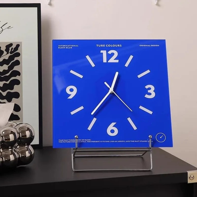 Blue colorblock square wall clock, front view