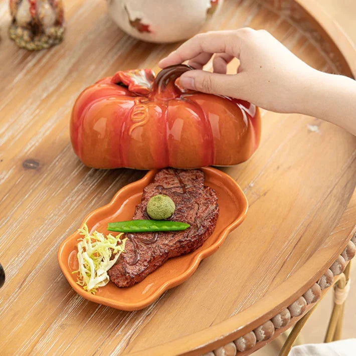 Pumpkin Ceramic Plate – Small Festive Serving Dish with Lid