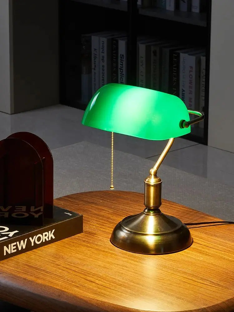 Vintage Banker Lamp - Classic Table Lamp With Curved Glass Shade
