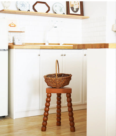 Retro French Wood Stool - Solid Wood Seat With Ball Legs