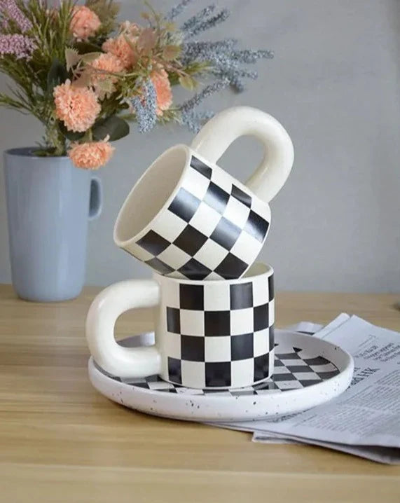 Ceramic Plaid Mug – Checkerboard Coffee Cup 275ml