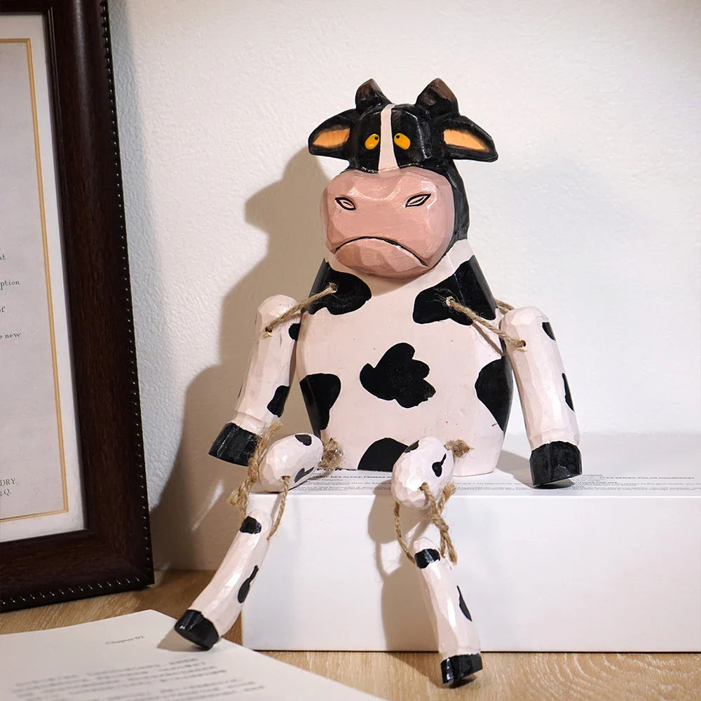 Wooden Cow Puppet Hand Carved Movable Toy