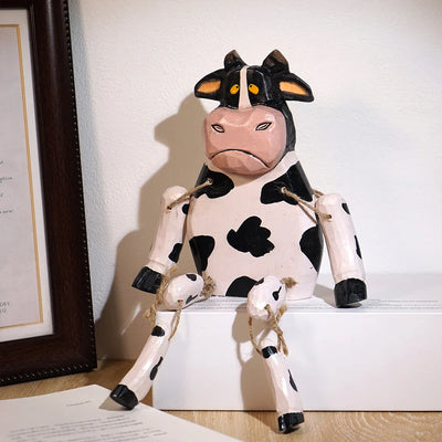 Wooden Cow Puppet Hand Carved Movable Toy