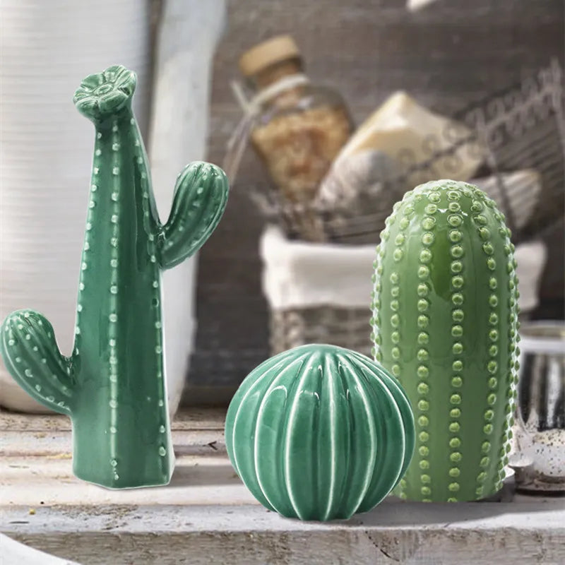 Green Ceramic Cactus Handcrafted Sculpture - Unique Art Piece