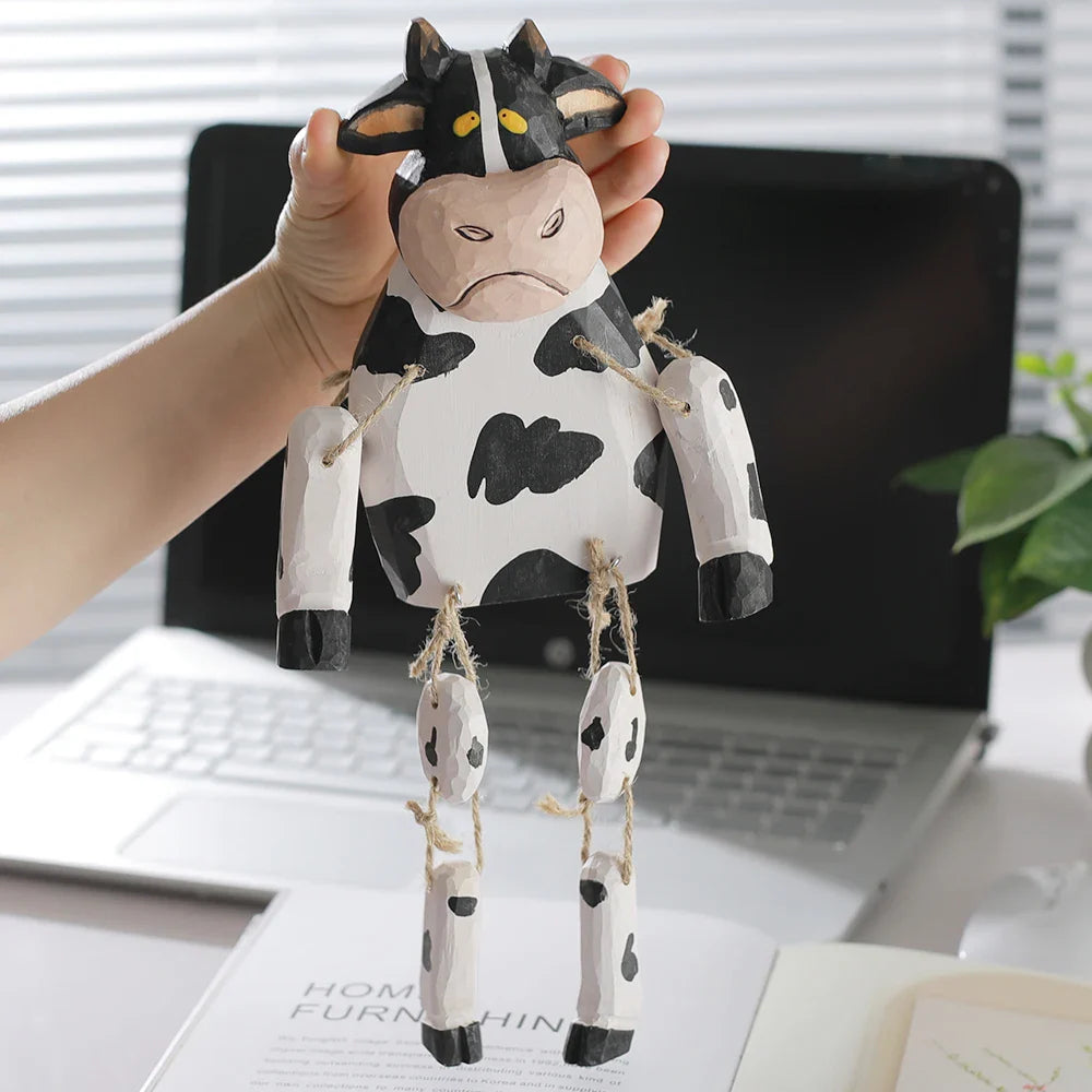 Wooden Cow Puppet Hand Carved Movable Toy