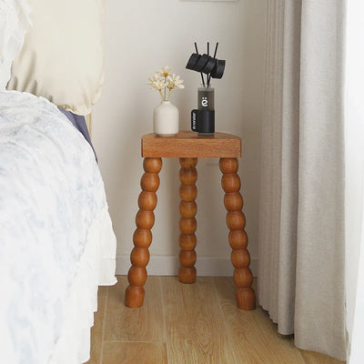 Retro French Wood Stool - Solid Wood Seat With Ball Legs