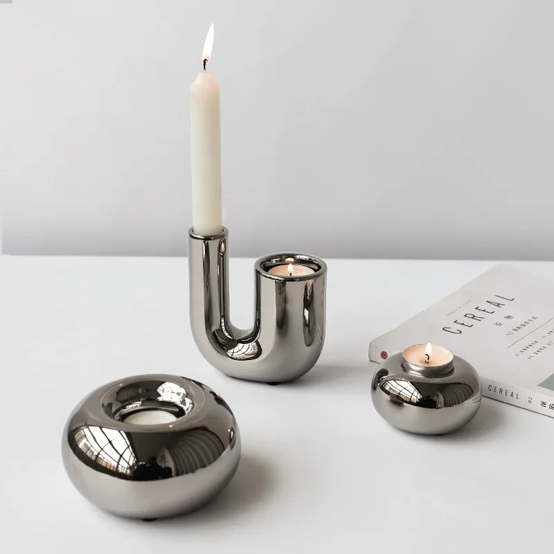 Silver Plated Candle Holder | Modern Ceramic Geometric Stand