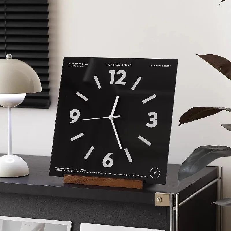 Black colorblock square wall clock on desk stand, front view