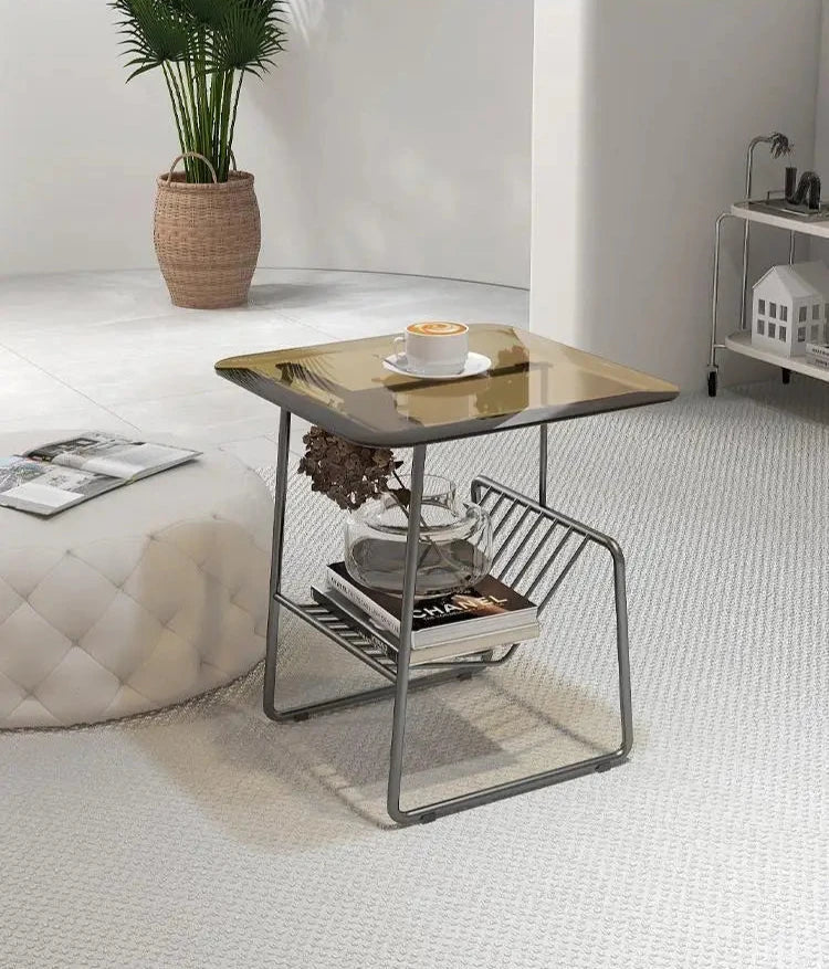 Glass Top Side Table - Metal Rack Storage