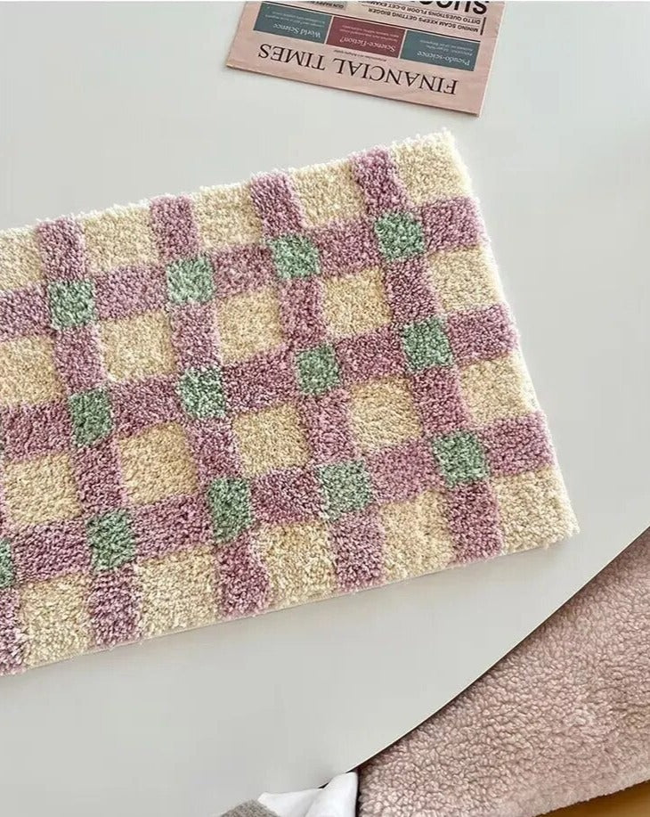Checkerboard Bedside Rug - Pastel Area Rug Soft Cozy Carpet