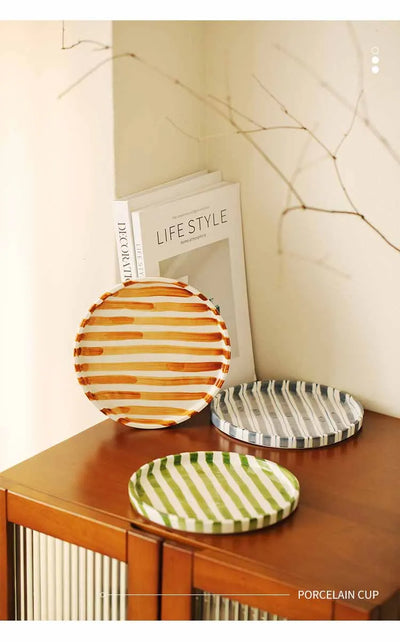 Ceramic Striped Plate – Brush Touch Art Design