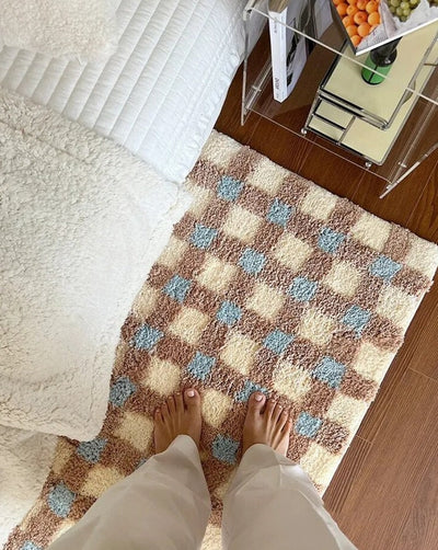 Checkerboard Bedside Rug - Pastel Area Rug Soft Cozy Carpet