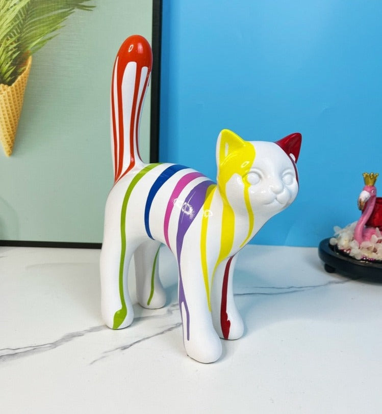 Walking Cat Sculpture - Painted Resin Figurine