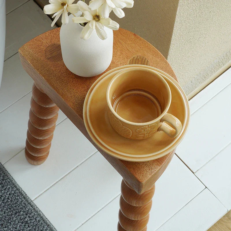 Retro French Wood Stool - Solid Wood Seat With Ball Legs