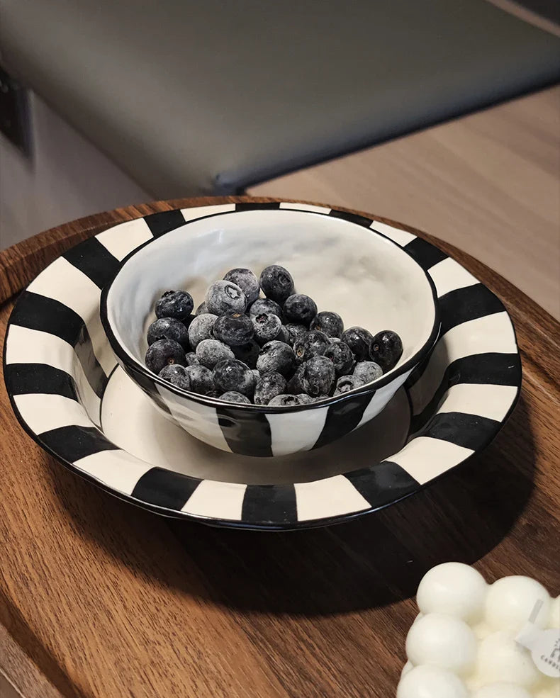 Black White Ceramic Plate | Modern Durable Striped Plate