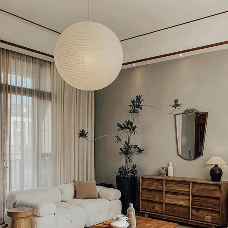 Rice Paper Pendant Lamp - Japanese Ceiling Light Fixture With Adjustable Wire