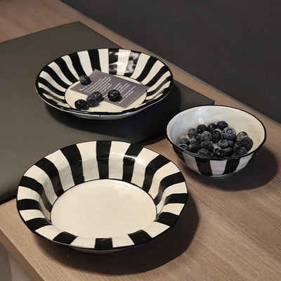 Black White Ceramic Plate | Modern Durable Striped Plate