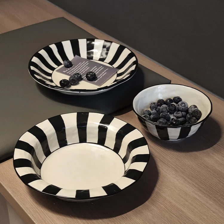 Black White Ceramic Plate | Modern Durable Striped Plate