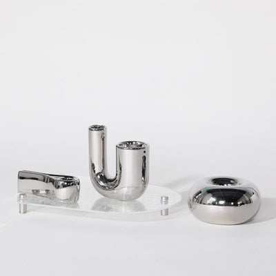 Silver Plated Candle Holder | Modern Ceramic Geometric Stand