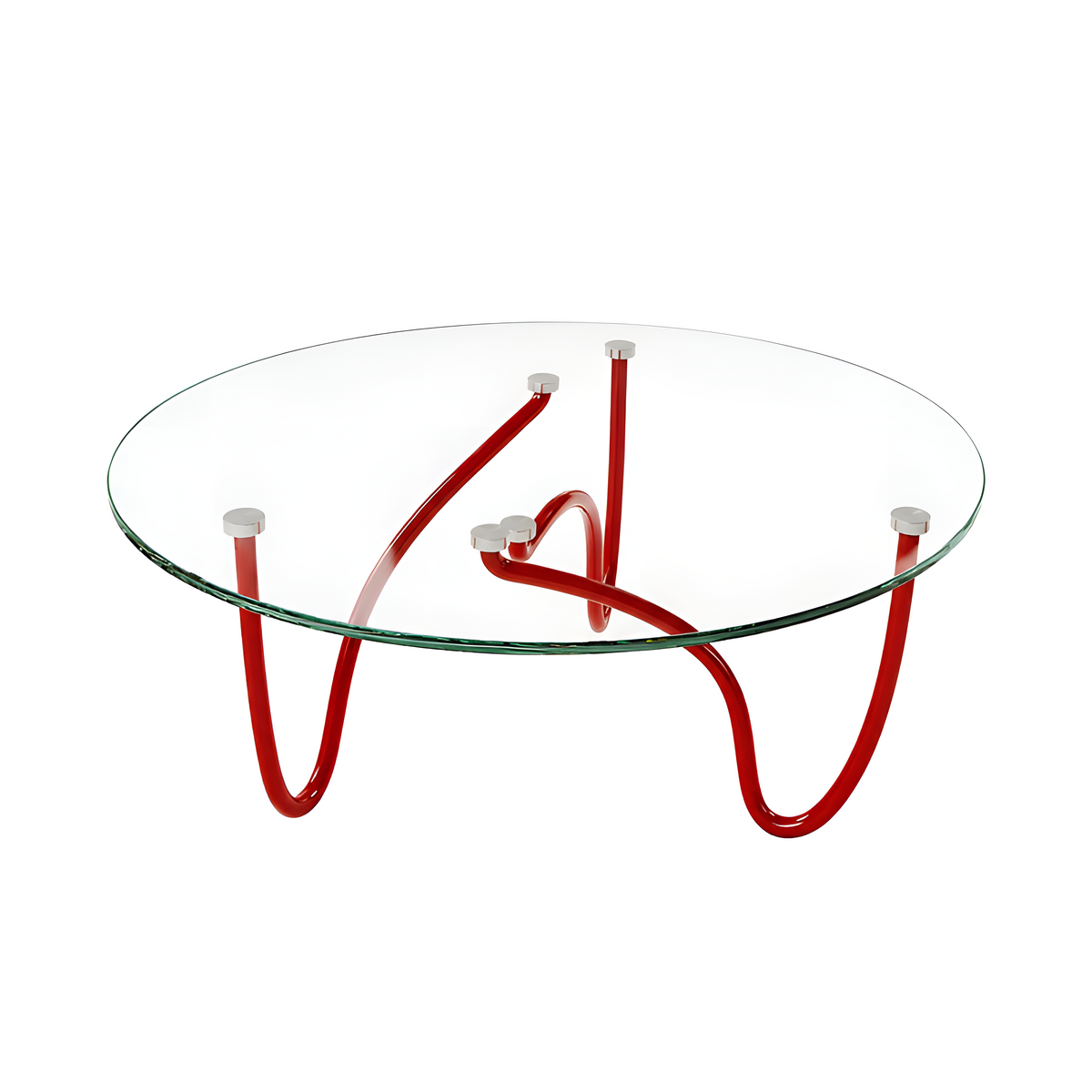 Sculptural pipe frame glass coffee table, front view