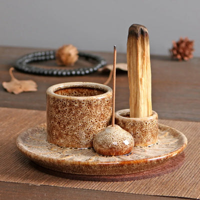 Rustic Ceramic Candle Holder - Incense Burner Stand & Decorative Tray