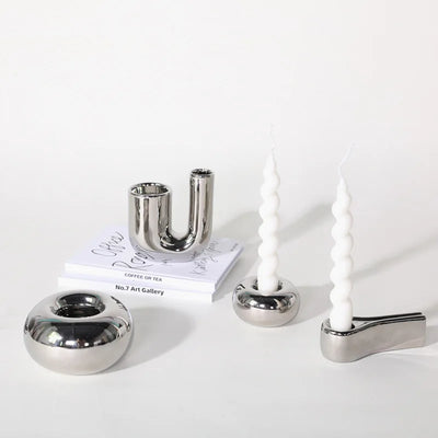 Silver Plated Candle Holder | Modern Ceramic Geometric Stand