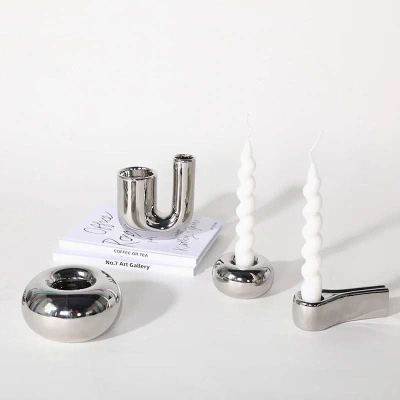 Silver Plated Candle Holder | Modern Ceramic Geometric Stand