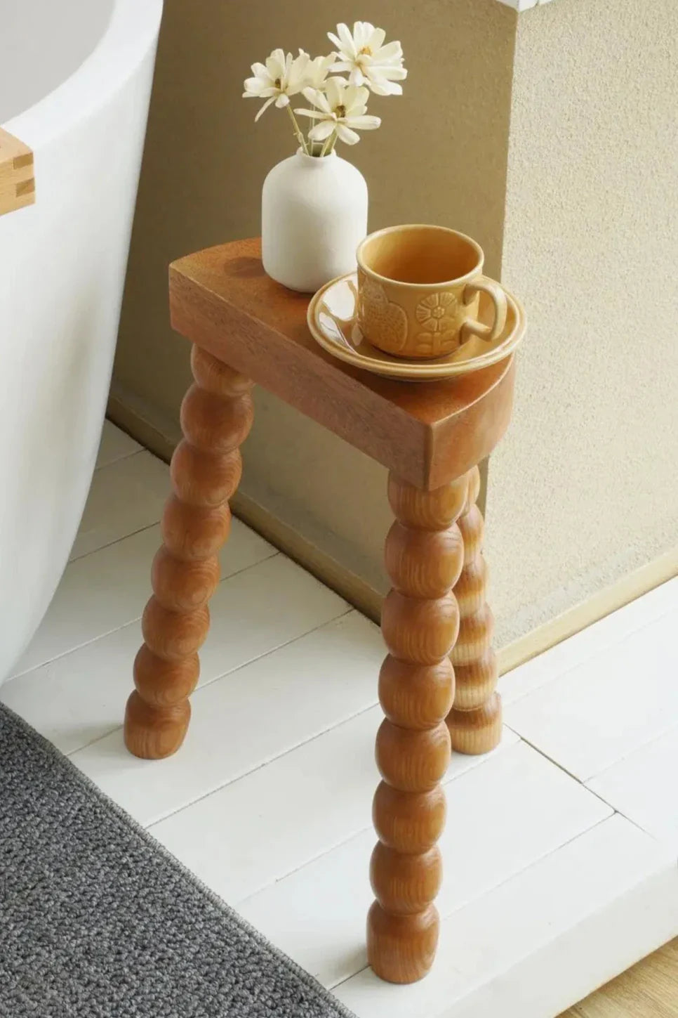 Retro French Wood Stool - Solid Wood Seat With Ball Legs