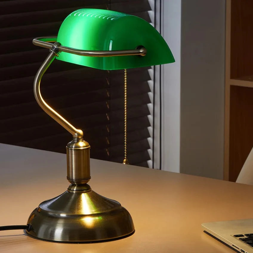 Vintage Banker Lamp - Classic Table Lamp With Curved Glass Shade