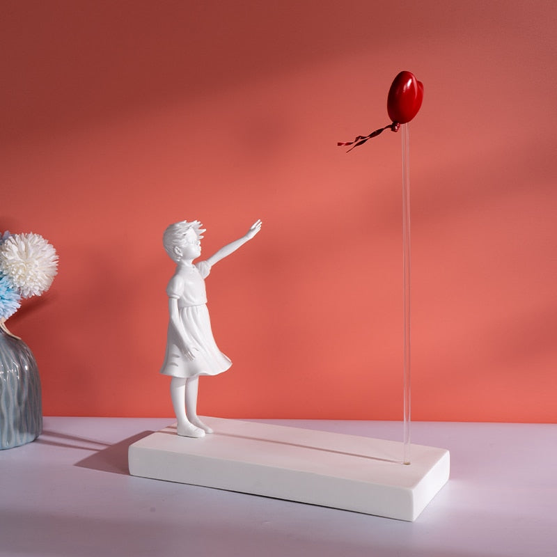 Flying Heart Balloon Sculpture – Handcrafted Graceful Girl Statue
