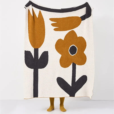 Knitted Throw Blanket – Brown Flower Pattern Cozy Fleece
