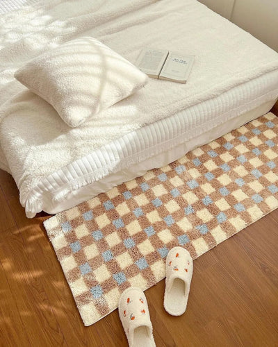 Checkerboard Bedside Rug - Pastel Area Rug Soft Cozy Carpet