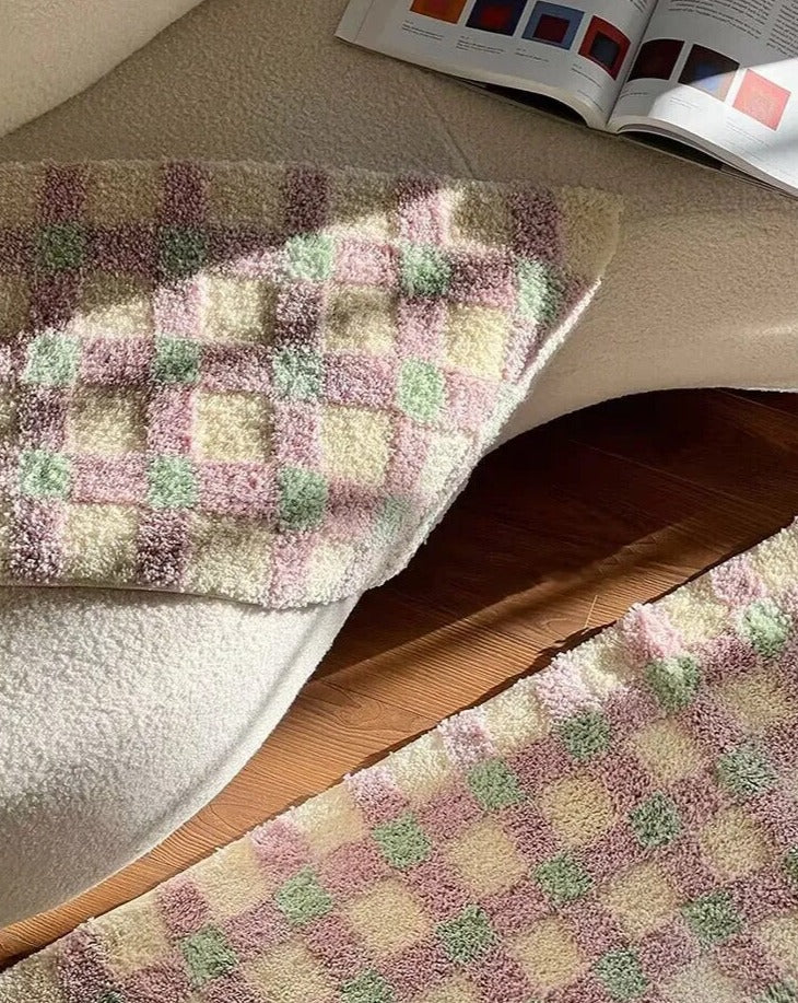 Checkerboard Bedside Rug - Pastel Area Rug Soft Cozy Carpet
