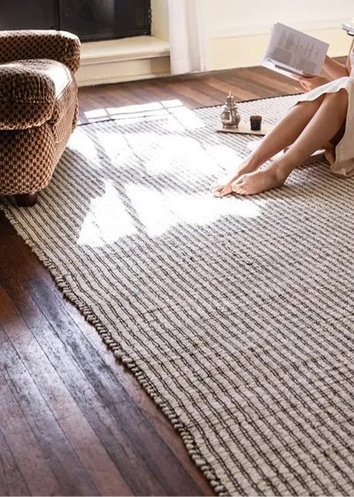 Black Striped Area Rug - Japanese Hand Crafted Double Sided Cotton Jute