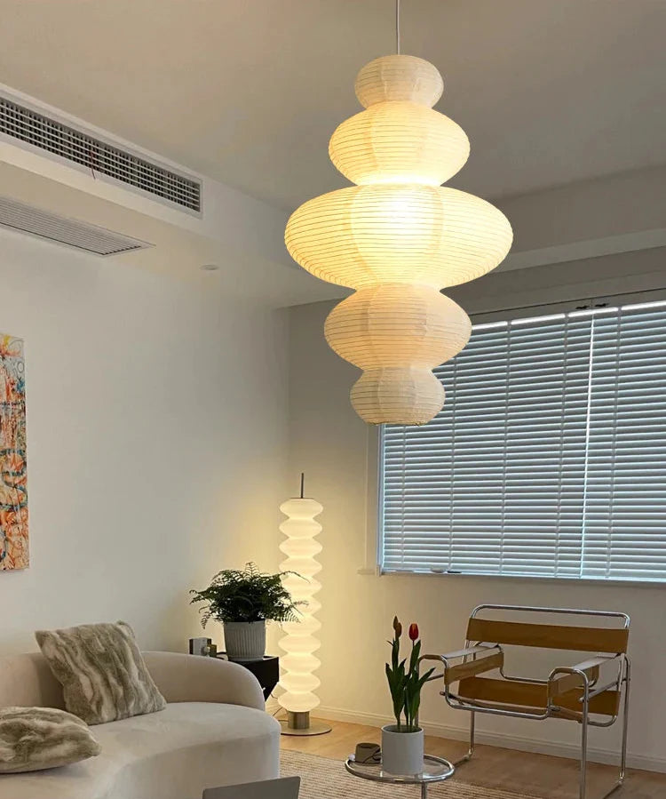 Japanese Rice Paper Pendant - Wabi-Sabi Ceiling Lamp with Adjustable Wire