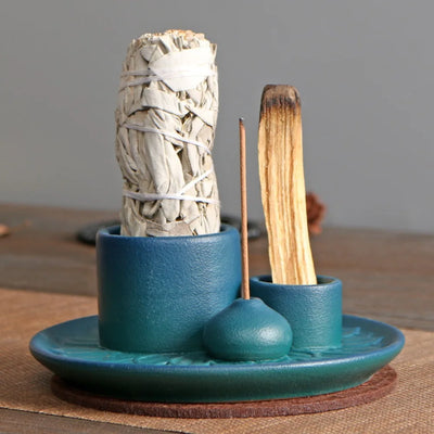 Rustic Ceramic Candle Holder - Incense Burner Stand & Decorative Tray