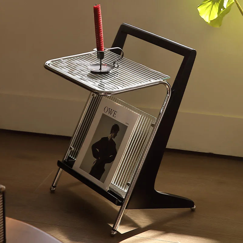 Japanese Side Table Featuring Solid Wood Handle & Metal