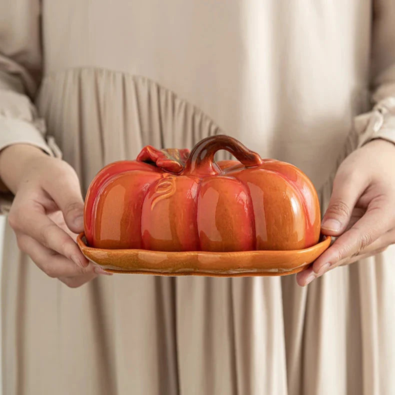 Pumpkin Ceramic Plate – Small Festive Serving Dish with Lid