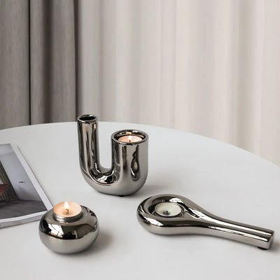 Silver Plated Candle Holder | Modern Ceramic Geometric Stand