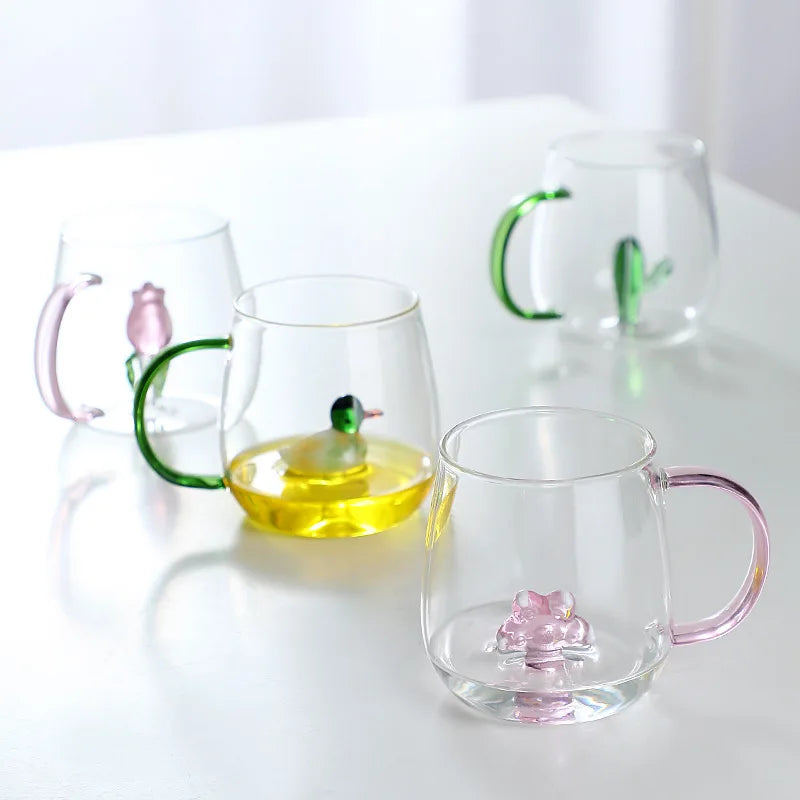 Borosilicate Glass Mug - 3D Animal Design, Color Handle