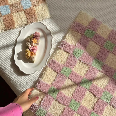Checkerboard Bedside Rug - Pastel Area Rug Soft Cozy Carpet