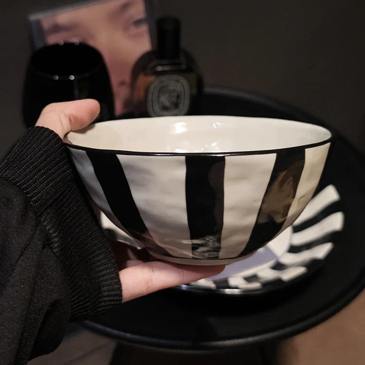 Black White Ceramic Plate | Modern Durable Striped Plate