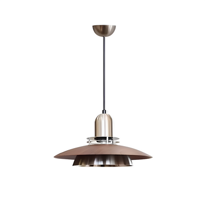 Walnut and metal double-disc pendant light, front view