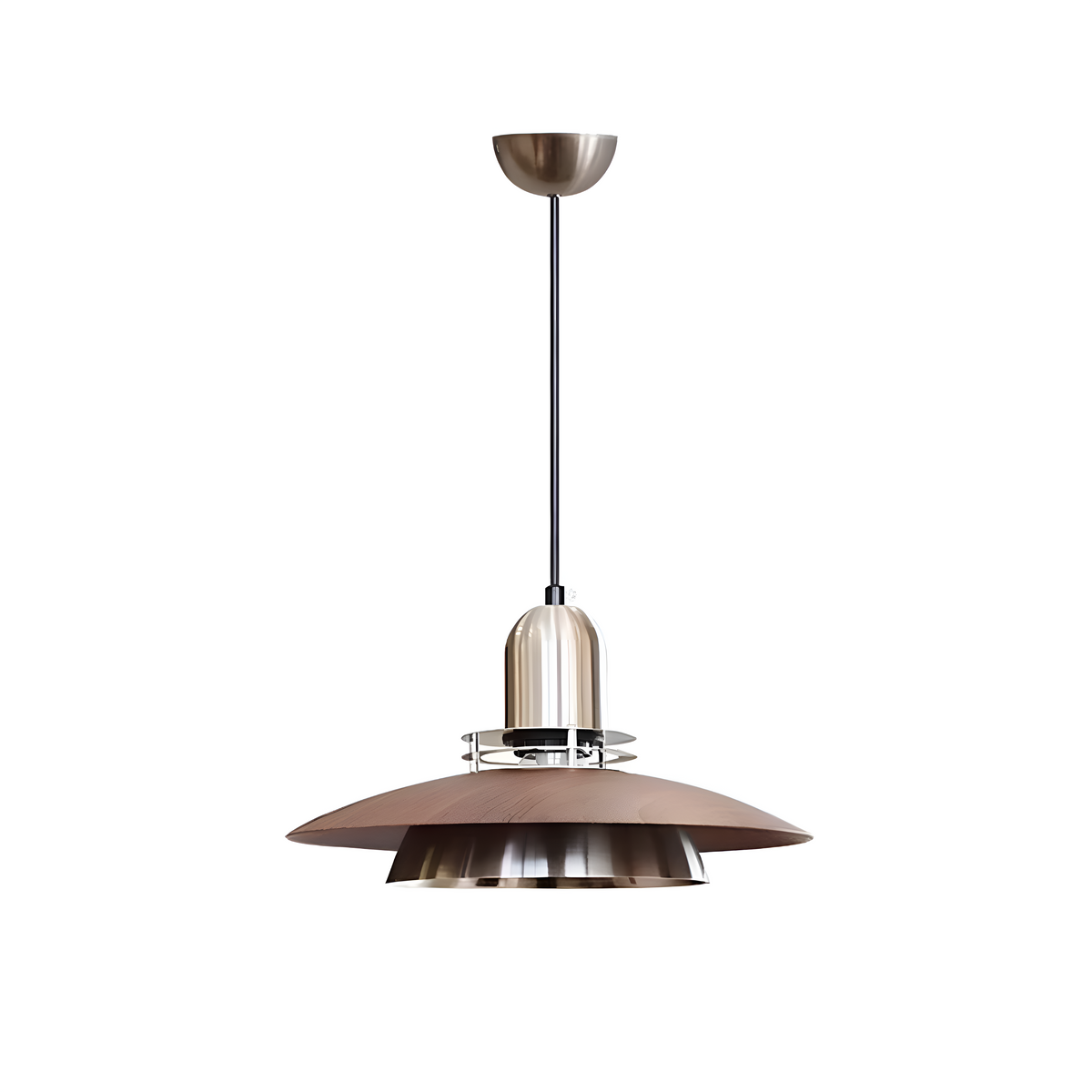 Walnut and metal double-disc pendant light, front view