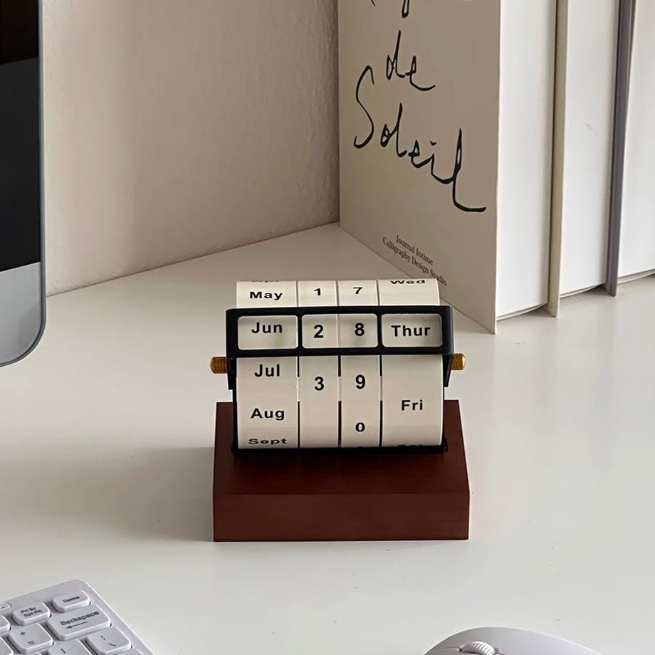 Wooden Desk Calendar With Rotating Wheel & Vintage Look side angle view