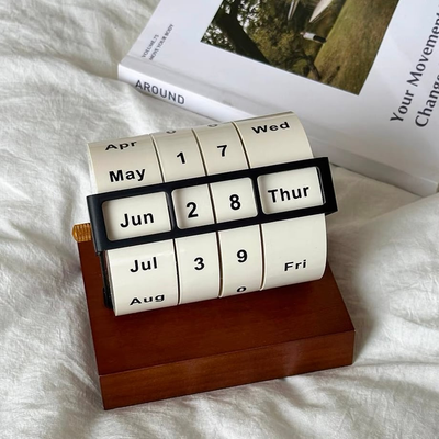 wooden desk calendar with rotating wheel & vintage look tabletop sculpture for modern living room decor