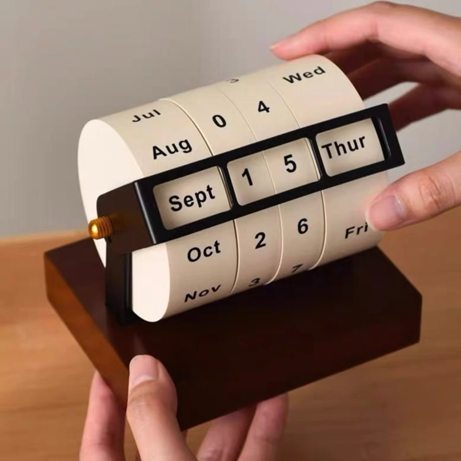 Wooden Desk Calendar With Rotating Wheel & Vintage Look